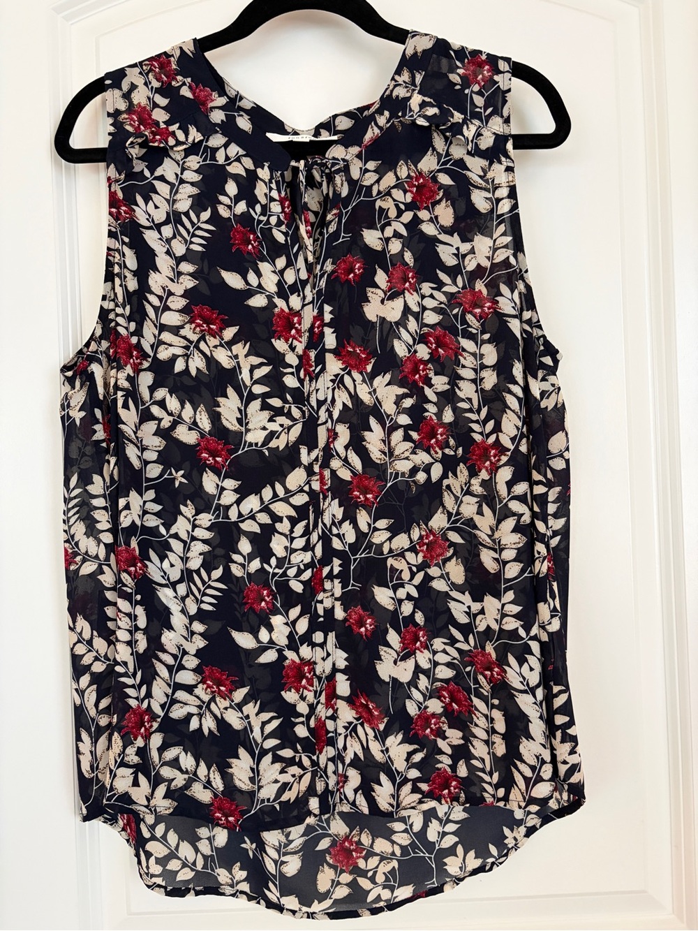 Sleeveless Floral Tie-Neck Blouse - Navy with Cream & Red Floral
